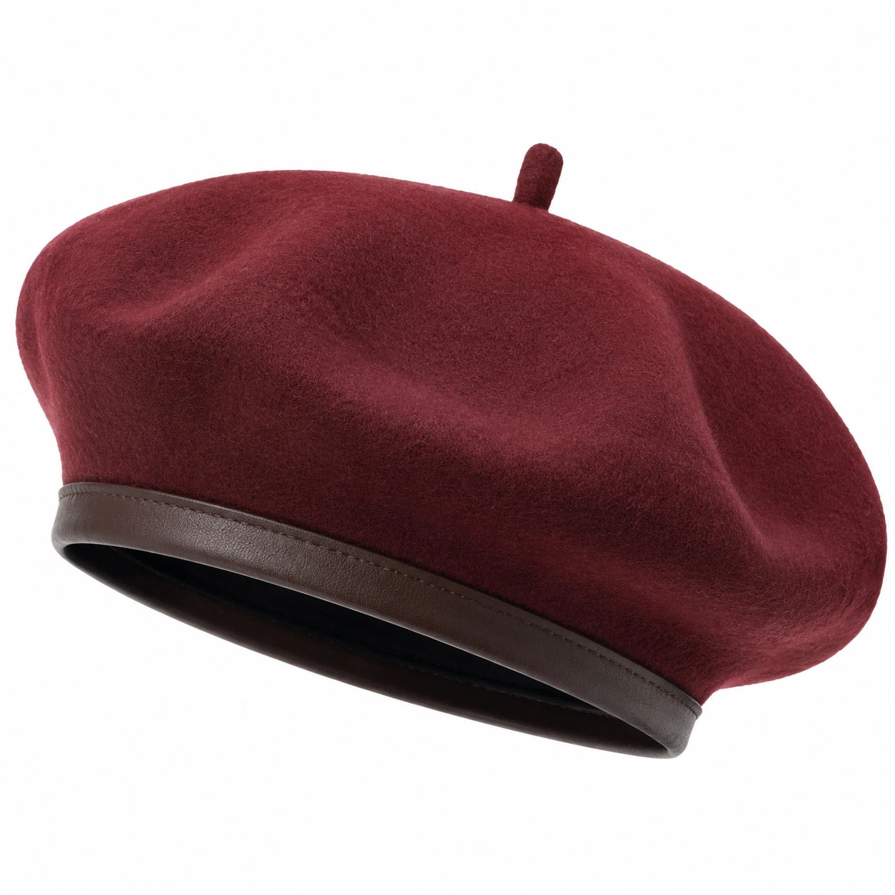 Berretto basco taglia unica in tessuto effetto feltro bordeaux con bordo marrone - stile classico
