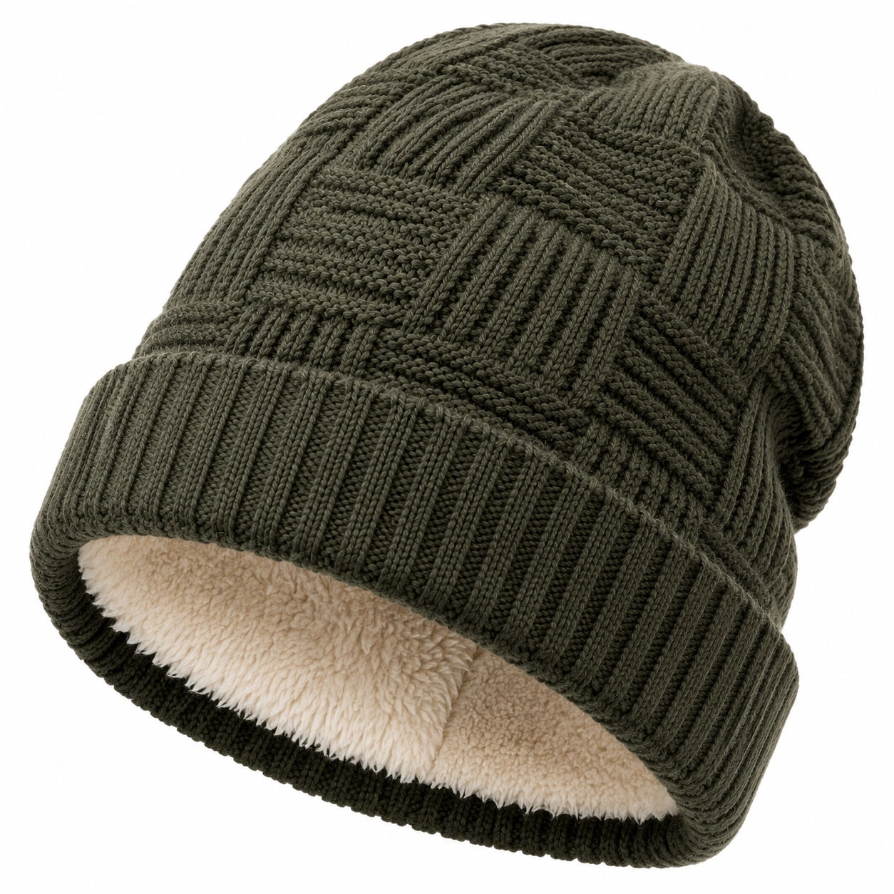Berretto in maglia taglia unica verde oliva con fodera effetto peluche - stile invernale