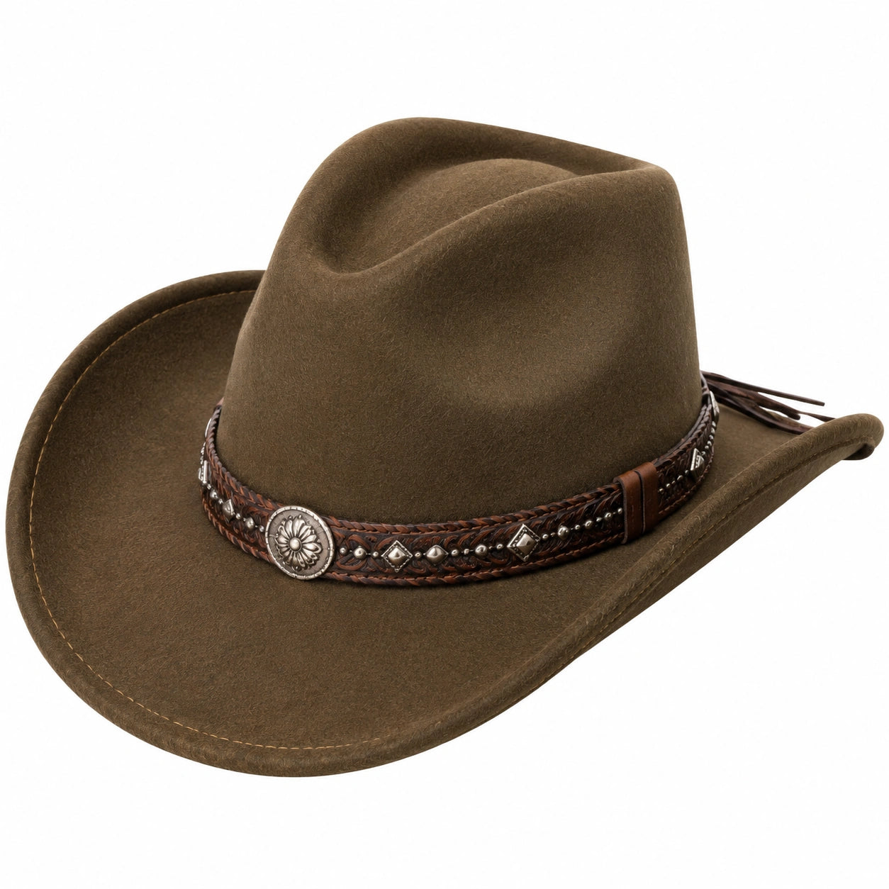 Cappello western taglia unica in feltro marrone con fascia decorativa stile cowboy