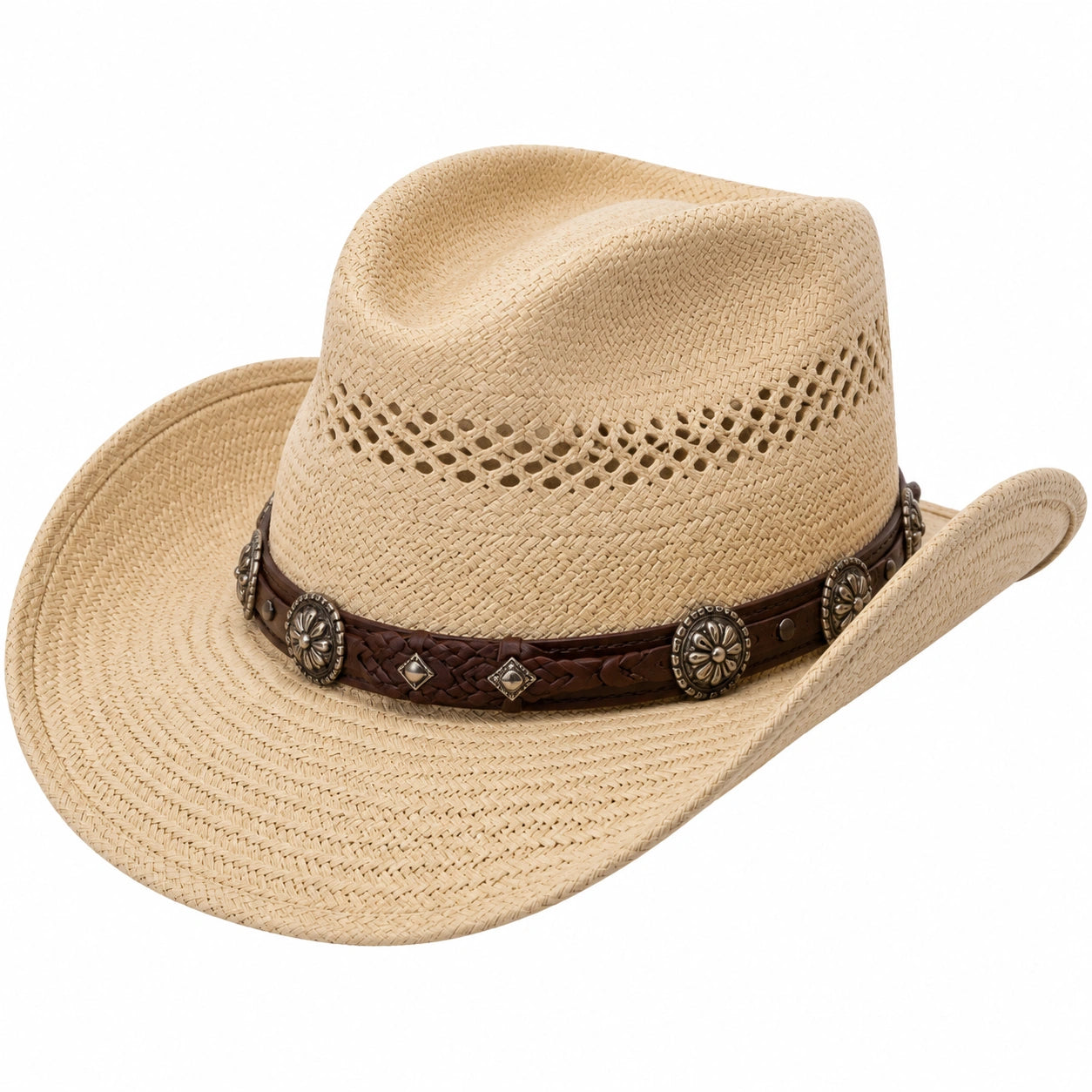 Cappello da cowboy taglia unica in paglia beige con fascia marrone stile western