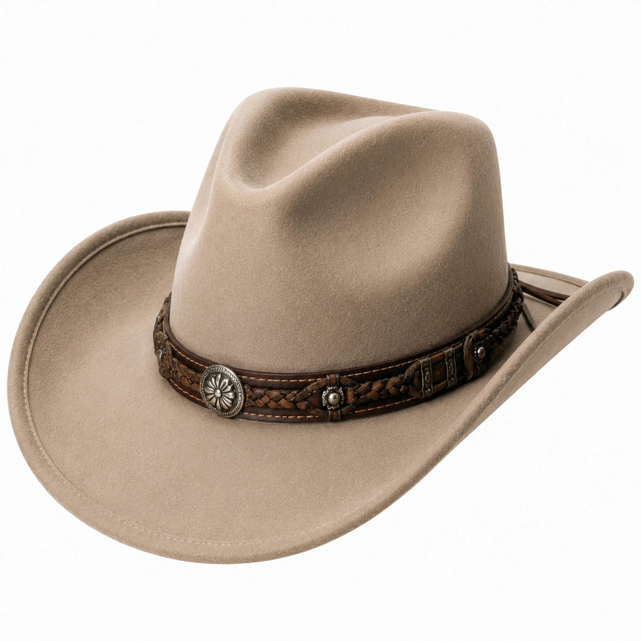 Cappello cowboy taglia unica in tessuto effetto camoscio beige con fascia intrecciata