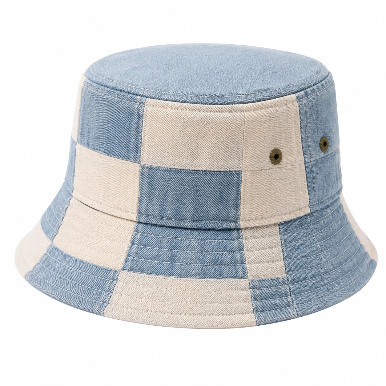 Cappello a pescatore taglia unica in denim azzurro e beige con motivo a quadri