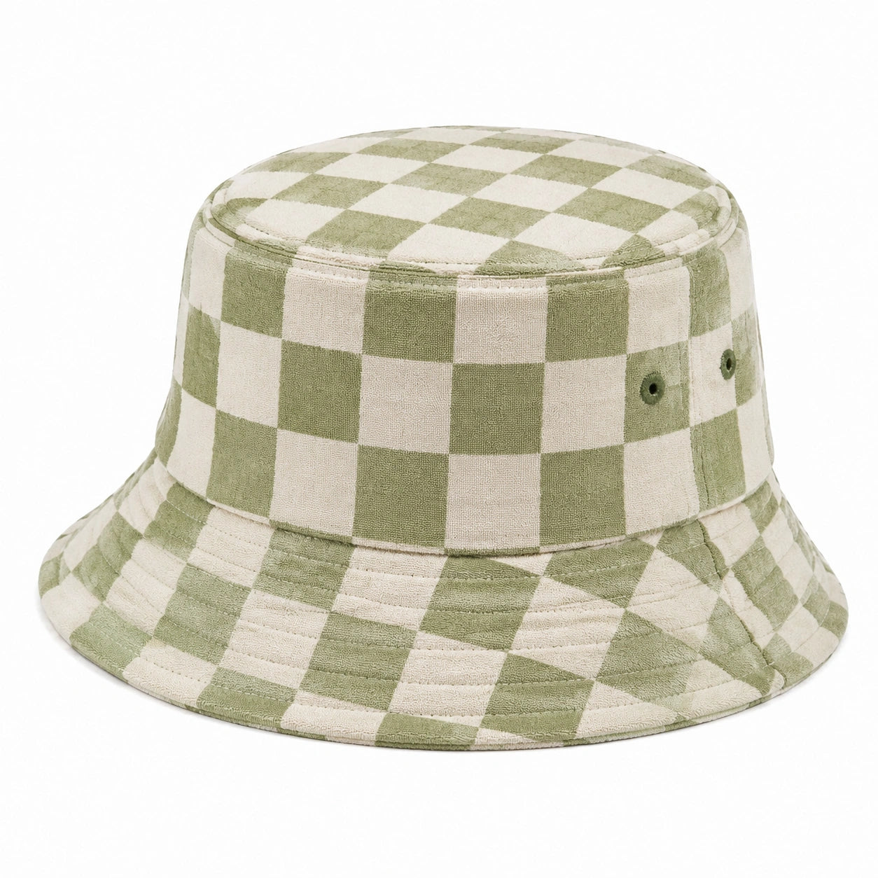 Cappello pescatore taglia unica in tessuto verde e crema a scacchi stile casual