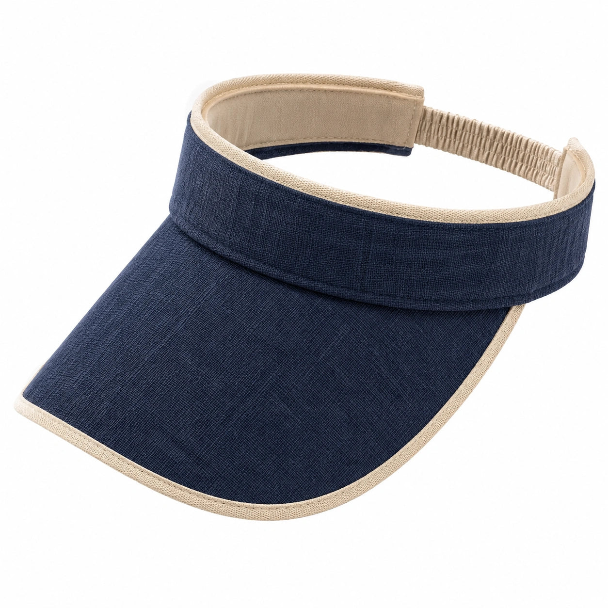 Visiera parasole taglia unica in tessuto blu navy e beige con fascia elastica